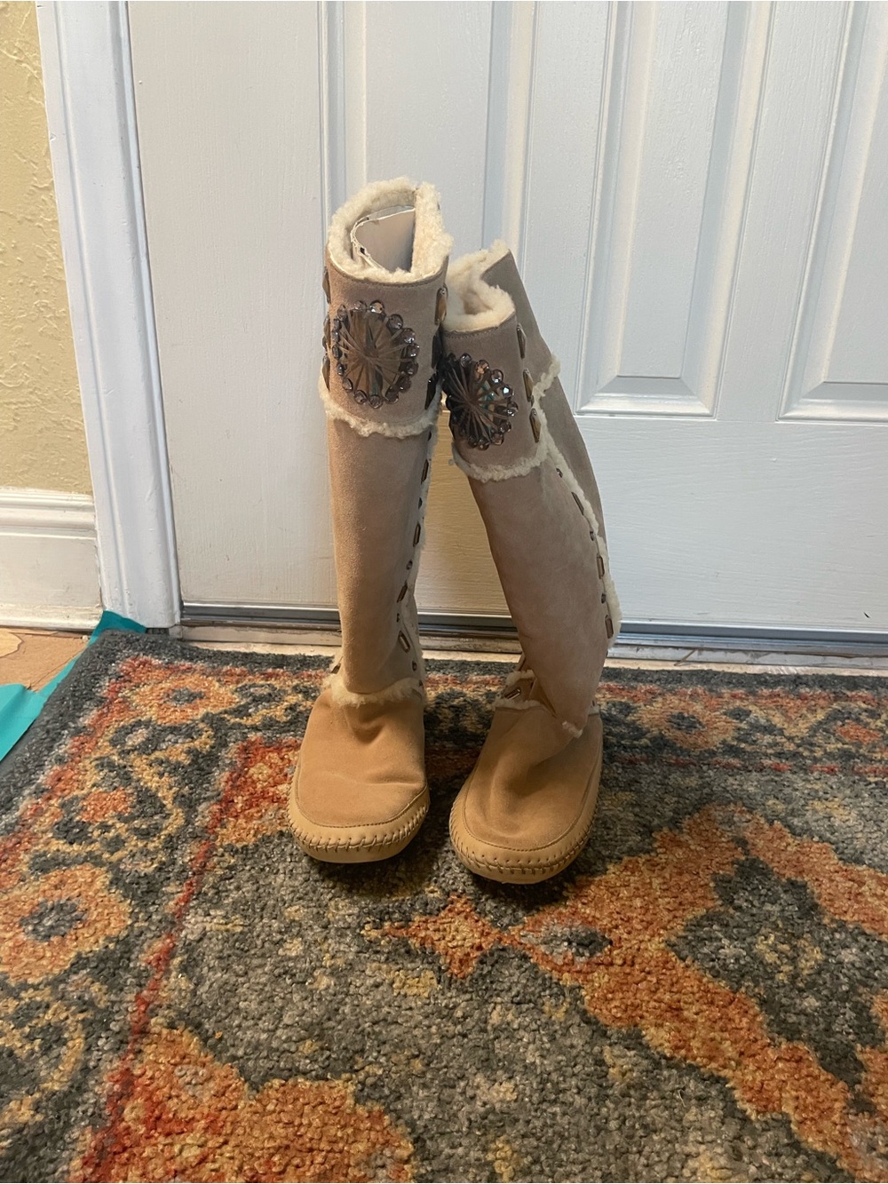 Tory Burch Tan Suede-Look Shearling Trim Knee Boots with Medallion
